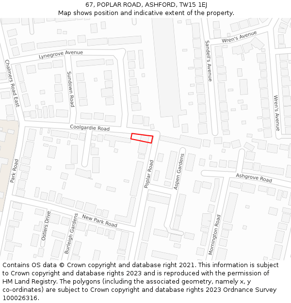 67, POPLAR ROAD, ASHFORD, TW15 1EJ: Location map and indicative extent of plot