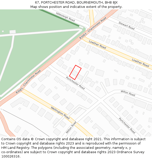 67, PORTCHESTER ROAD, BOURNEMOUTH, BH8 8JX: Location map and indicative extent of plot