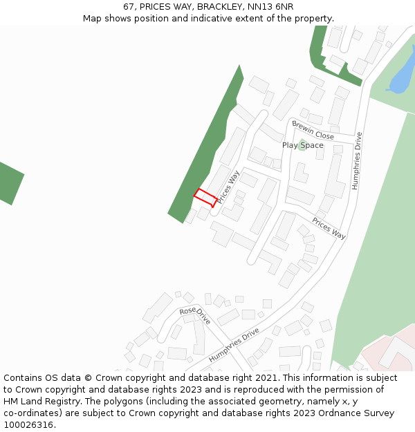 67, PRICES WAY, BRACKLEY, NN13 6NR: Location map and indicative extent of plot