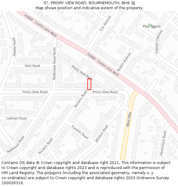 67, PRIORY VIEW ROAD, BOURNEMOUTH, BH9 3JJ: Location map and indicative extent of plot