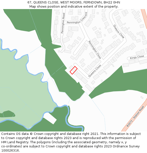 67, QUEENS CLOSE, WEST MOORS, FERNDOWN, BH22 0HN: Location map and indicative extent of plot