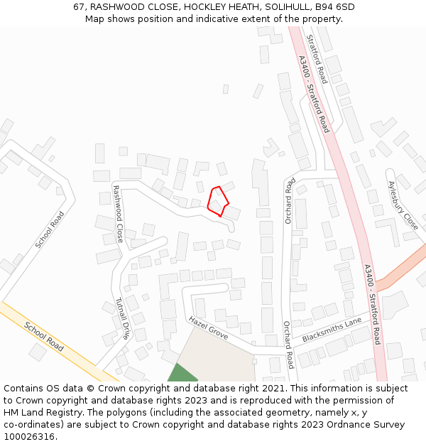 67, RASHWOOD CLOSE, HOCKLEY HEATH, SOLIHULL, B94 6SD: Location map and indicative extent of plot