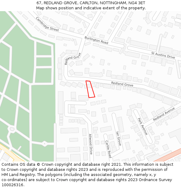 67, REDLAND GROVE, CARLTON, NOTTINGHAM, NG4 3ET: Location map and indicative extent of plot