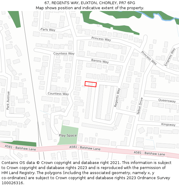 67, REGENTS WAY, EUXTON, CHORLEY, PR7 6PG: Location map and indicative extent of plot