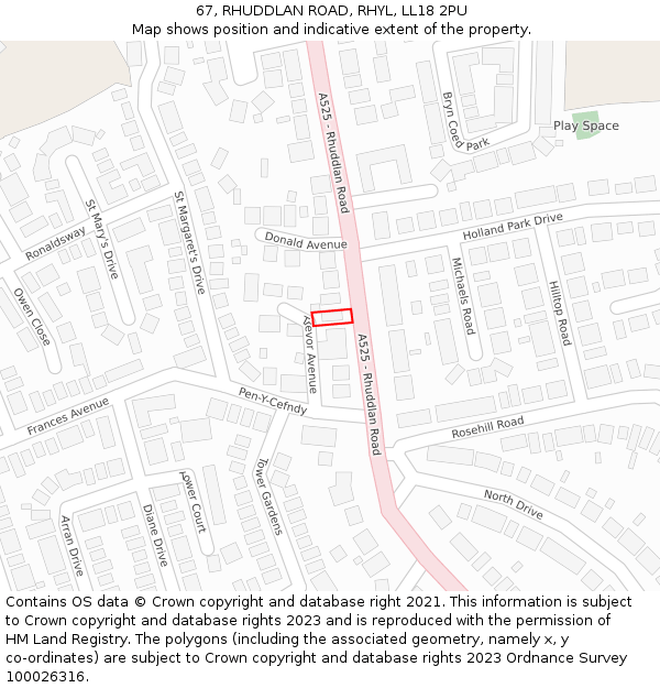 67, RHUDDLAN ROAD, RHYL, LL18 2PU: Location map and indicative extent of plot