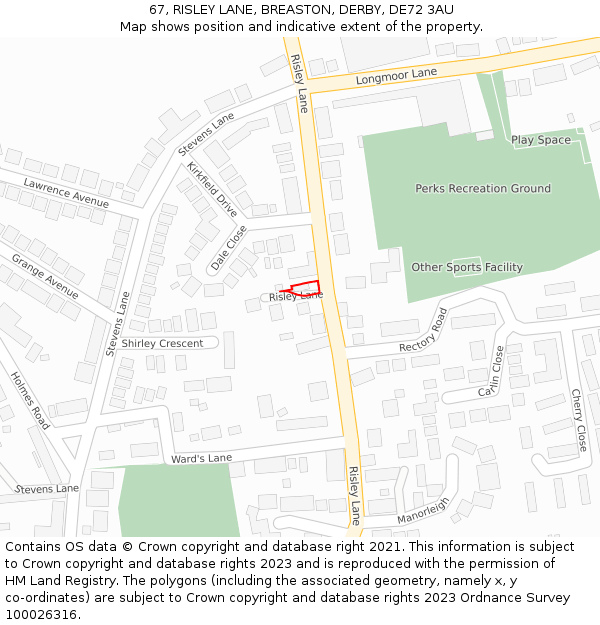 67, RISLEY LANE, BREASTON, DERBY, DE72 3AU: Location map and indicative extent of plot