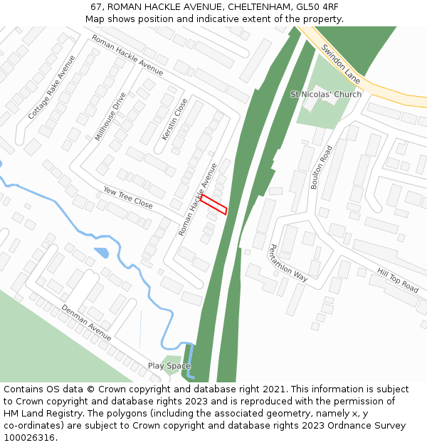 67, ROMAN HACKLE AVENUE, CHELTENHAM, GL50 4RF: Location map and indicative extent of plot