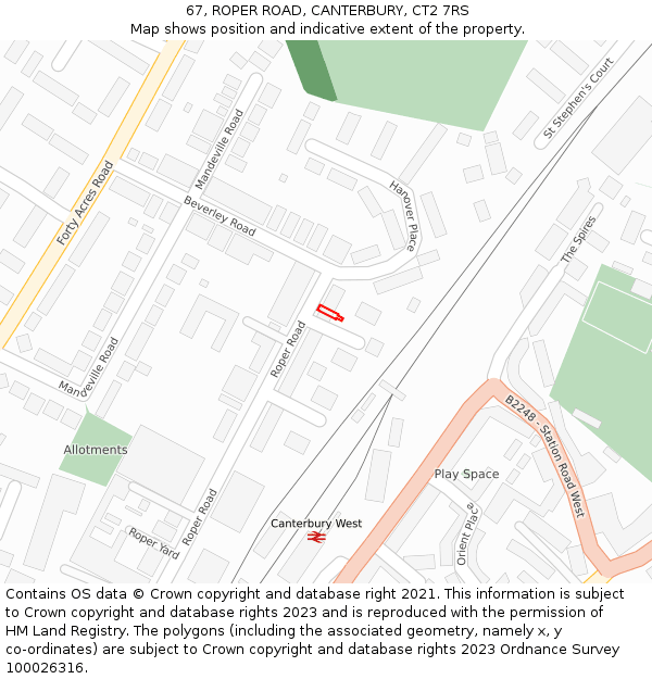 67, ROPER ROAD, CANTERBURY, CT2 7RS: Location map and indicative extent of plot