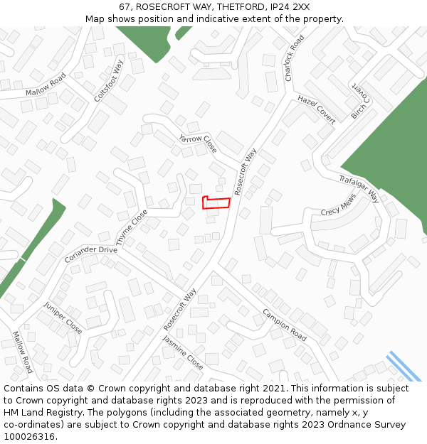 67, ROSECROFT WAY, THETFORD, IP24 2XX: Location map and indicative extent of plot