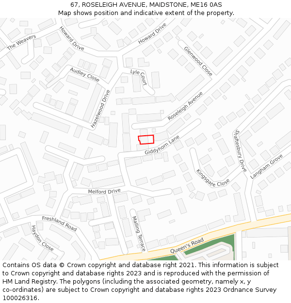 67, ROSELEIGH AVENUE, MAIDSTONE, ME16 0AS: Location map and indicative extent of plot