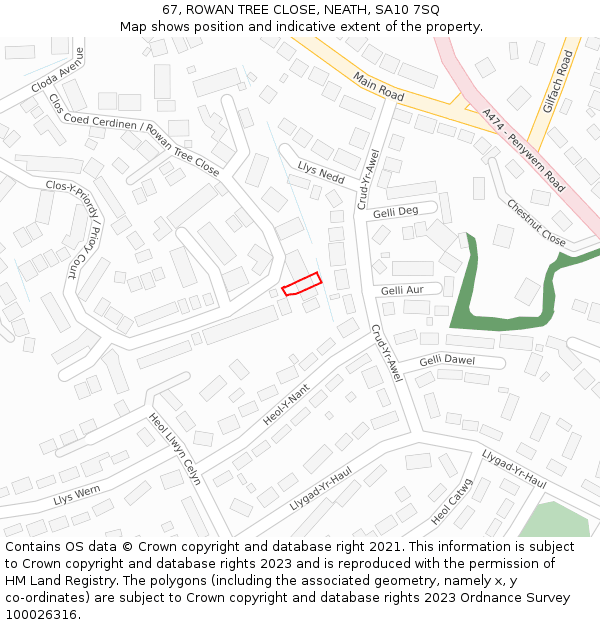 67, ROWAN TREE CLOSE, NEATH, SA10 7SQ: Location map and indicative extent of plot