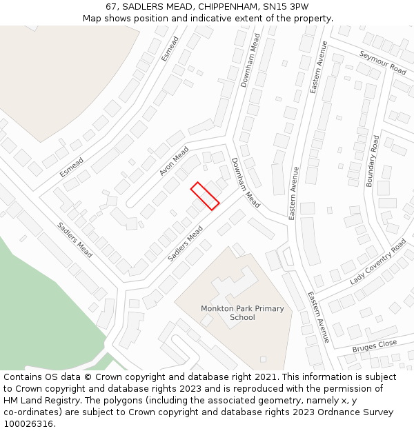 67, SADLERS MEAD, CHIPPENHAM, SN15 3PW: Location map and indicative extent of plot