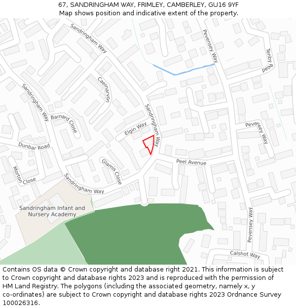 67, SANDRINGHAM WAY, FRIMLEY, CAMBERLEY, GU16 9YF: Location map and indicative extent of plot