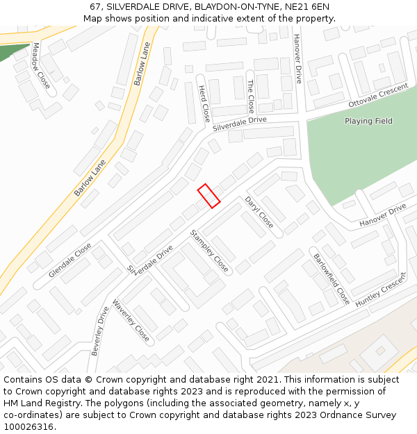 67, SILVERDALE DRIVE, BLAYDON-ON-TYNE, NE21 6EN: Location map and indicative extent of plot