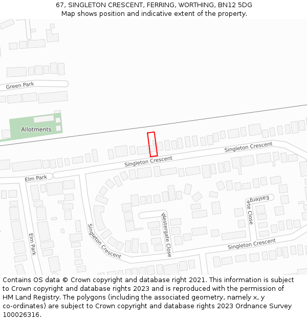 67, SINGLETON CRESCENT, FERRING, WORTHING, BN12 5DG: Location map and indicative extent of plot