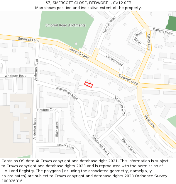 67, SMERCOTE CLOSE, BEDWORTH, CV12 0EB: Location map and indicative extent of plot