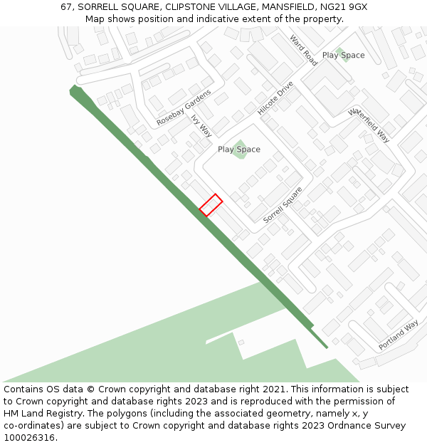 67, SORRELL SQUARE, CLIPSTONE VILLAGE, MANSFIELD, NG21 9GX: Location map and indicative extent of plot