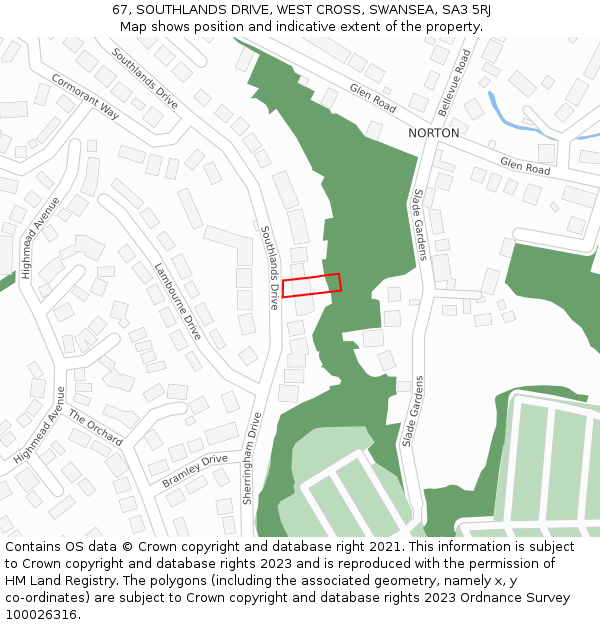 67, SOUTHLANDS DRIVE, WEST CROSS, SWANSEA, SA3 5RJ: Location map and indicative extent of plot