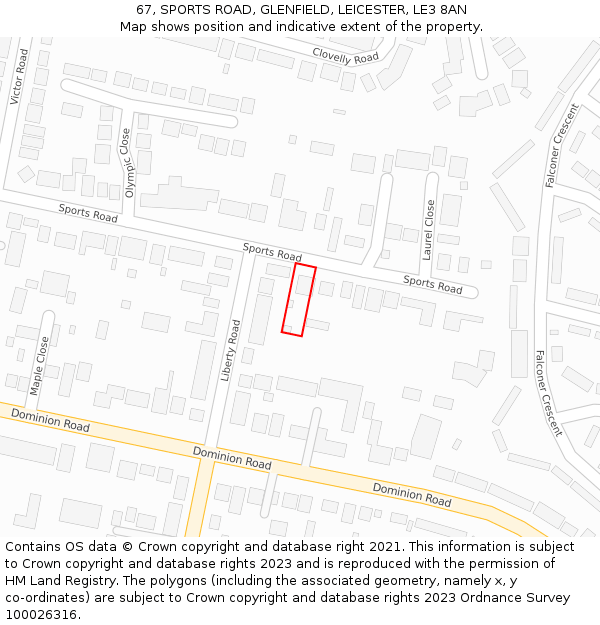 67, SPORTS ROAD, GLENFIELD, LEICESTER, LE3 8AN: Location map and indicative extent of plot