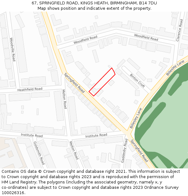 67, SPRINGFIELD ROAD, KINGS HEATH, BIRMINGHAM, B14 7DU: Location map and indicative extent of plot