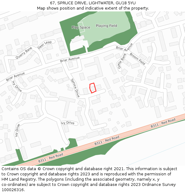 67, SPRUCE DRIVE, LIGHTWATER, GU18 5YU: Location map and indicative extent of plot