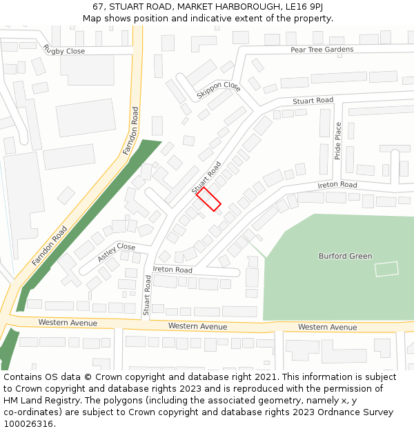 67, STUART ROAD, MARKET HARBOROUGH, LE16 9PJ: Location map and indicative extent of plot