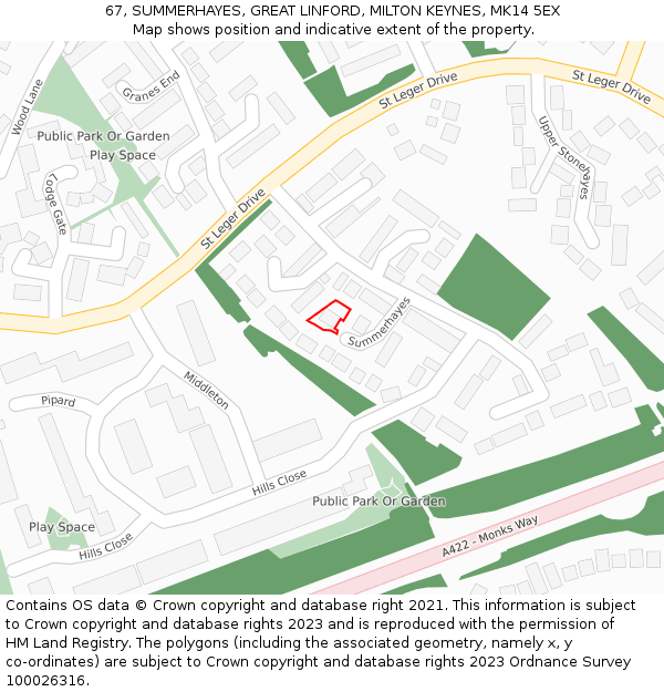 67, SUMMERHAYES, GREAT LINFORD, MILTON KEYNES, MK14 5EX: Location map and indicative extent of plot