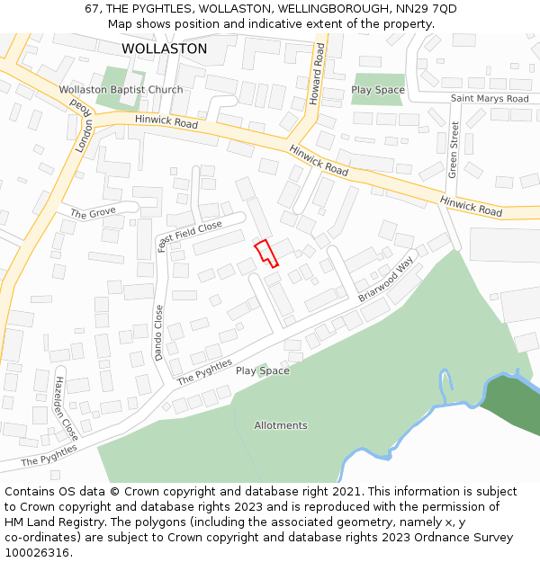 67, THE PYGHTLES, WOLLASTON, WELLINGBOROUGH, NN29 7QD: Location map and indicative extent of plot