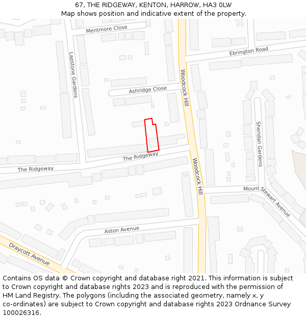 67, THE RIDGEWAY, KENTON, HARROW, HA3 0LW: Location map and indicative extent of plot
