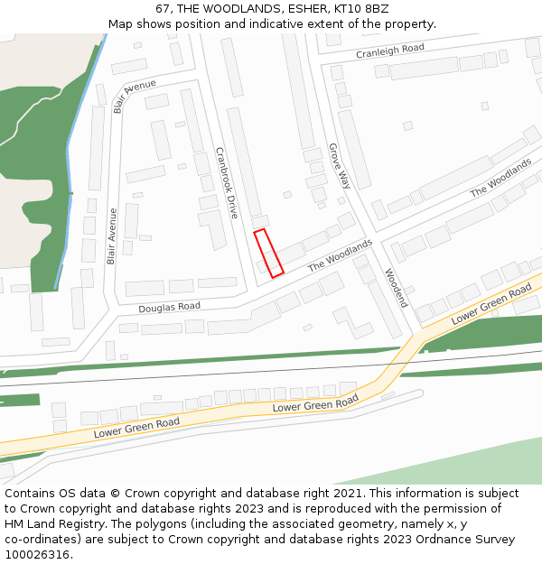 67, THE WOODLANDS, ESHER, KT10 8BZ: Location map and indicative extent of plot