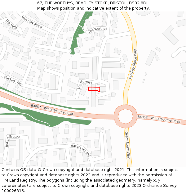 67, THE WORTHYS, BRADLEY STOKE, BRISTOL, BS32 8DH: Location map and indicative extent of plot