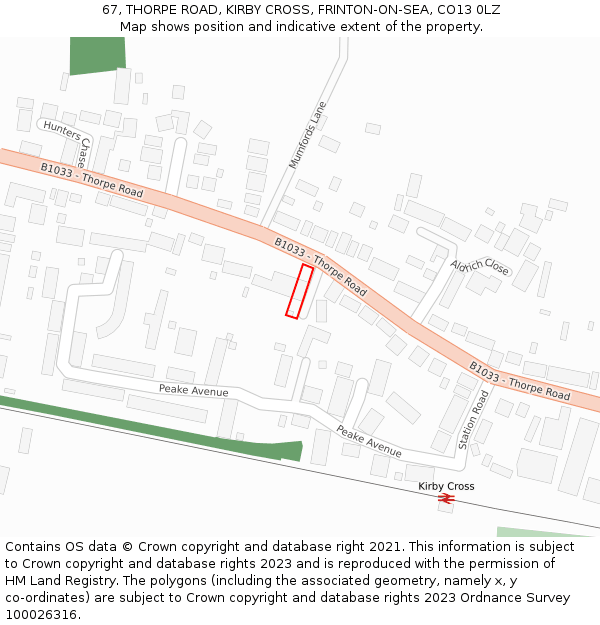 67, THORPE ROAD, KIRBY CROSS, FRINTON-ON-SEA, CO13 0LZ: Location map and indicative extent of plot