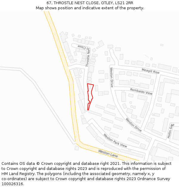 67, THROSTLE NEST CLOSE, OTLEY, LS21 2RR: Location map and indicative extent of plot