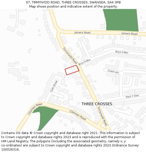 67, TIRMYNYDD ROAD, THREE CROSSES, SWANSEA, SA4 3PB: Location map and indicative extent of plot