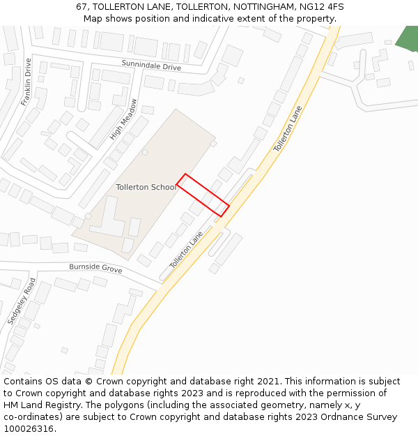 67, TOLLERTON LANE, TOLLERTON, NOTTINGHAM, NG12 4FS: Location map and indicative extent of plot