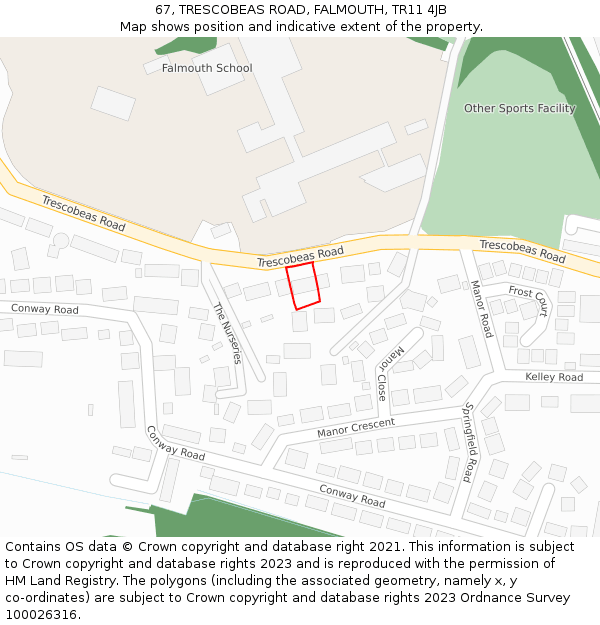 67, TRESCOBEAS ROAD, FALMOUTH, TR11 4JB: Location map and indicative extent of plot