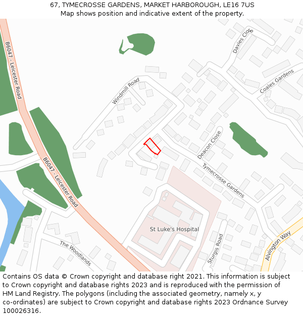 67, TYMECROSSE GARDENS, MARKET HARBOROUGH, LE16 7US: Location map and indicative extent of plot