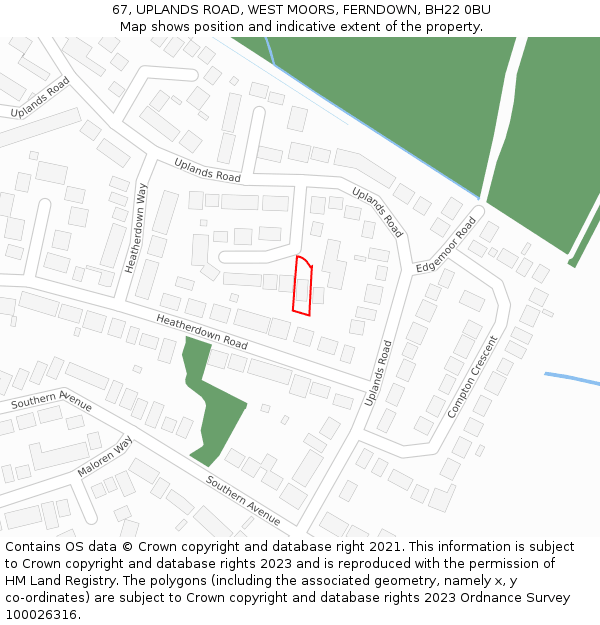 67, UPLANDS ROAD, WEST MOORS, FERNDOWN, BH22 0BU: Location map and indicative extent of plot