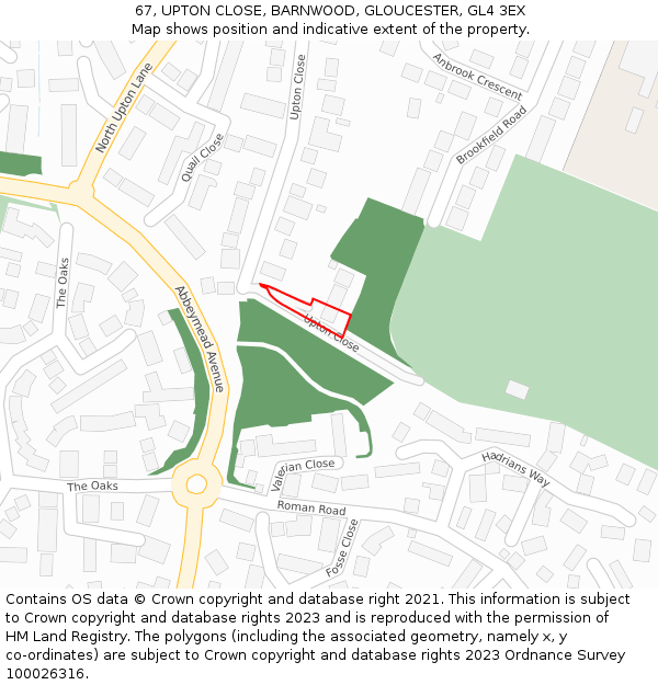 67, UPTON CLOSE, BARNWOOD, GLOUCESTER, GL4 3EX: Location map and indicative extent of plot