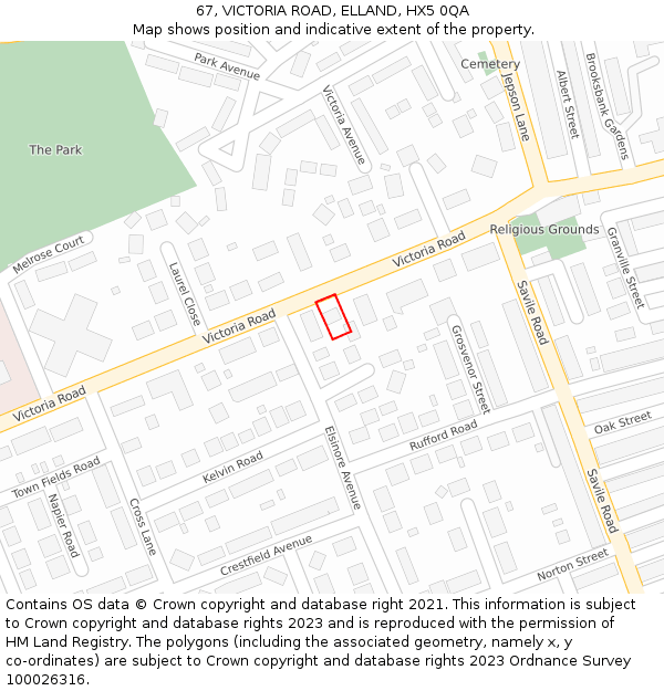 67, VICTORIA ROAD, ELLAND, HX5 0QA: Location map and indicative extent of plot