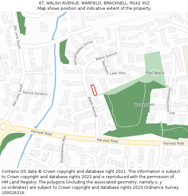 67, WALSH AVENUE, WARFIELD, BRACKNELL, RG42 3XZ: Location map and indicative extent of plot