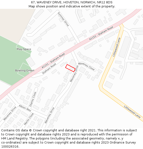 67, WAVENEY DRIVE, HOVETON, NORWICH, NR12 8DS: Location map and indicative extent of plot