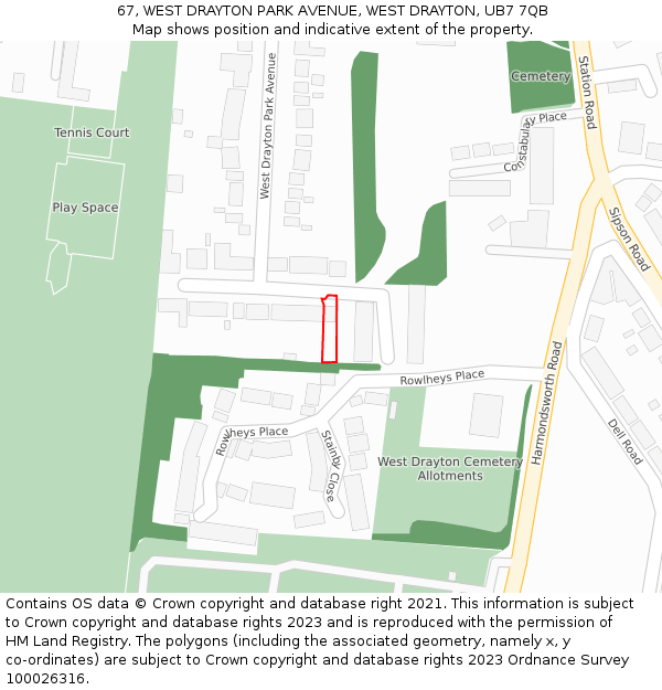 67, WEST DRAYTON PARK AVENUE, WEST DRAYTON, UB7 7QB: Location map and indicative extent of plot