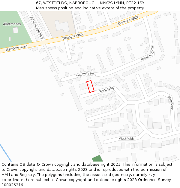 67, WESTFIELDS, NARBOROUGH, KING'S LYNN, PE32 1SY: Location map and indicative extent of plot