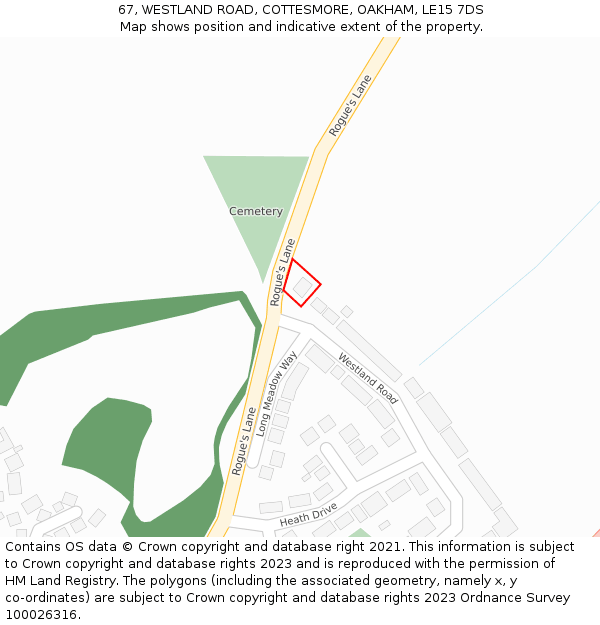 67, WESTLAND ROAD, COTTESMORE, OAKHAM, LE15 7DS: Location map and indicative extent of plot