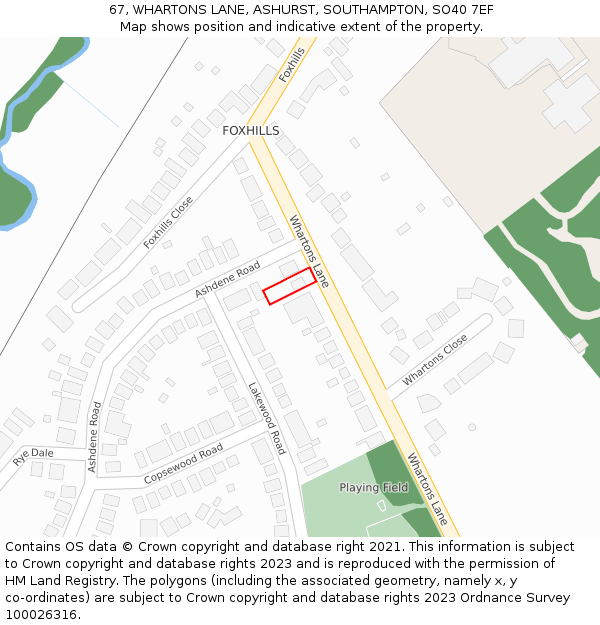 67, WHARTONS LANE, ASHURST, SOUTHAMPTON, SO40 7EF: Location map and indicative extent of plot