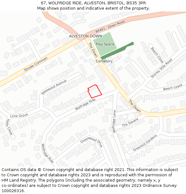67, WOLFRIDGE RIDE, ALVESTON, BRISTOL, BS35 3PR: Location map and indicative extent of plot