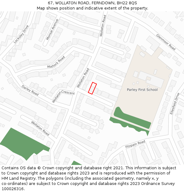 67, WOLLATON ROAD, FERNDOWN, BH22 8QS: Location map and indicative extent of plot