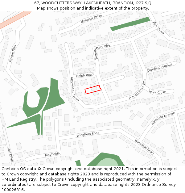 67, WOODCUTTERS WAY, LAKENHEATH, BRANDON, IP27 9JQ: Location map and indicative extent of plot