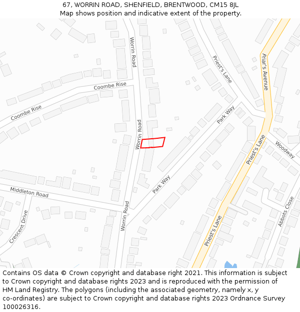 67, WORRIN ROAD, SHENFIELD, BRENTWOOD, CM15 8JL: Location map and indicative extent of plot